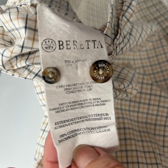 Beretta Plaid Cotton Button Up Short Sleeve Pocket Men’s Shirt Large Neutral - Picture 8 of 10